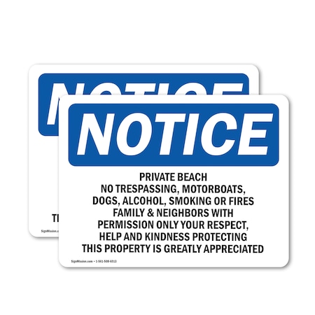 Signmission Private Beach No Trespassing Motorboats OSHA Notice Sign, Vinyl Decal, 10in W x 7in L, 2PK OS-2PACK-NS-D-710-L-17805
